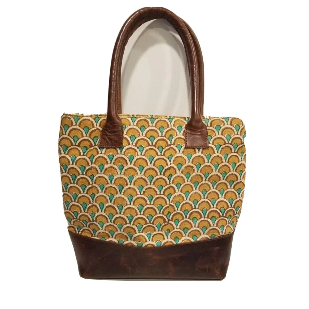 JOYN Cotton Tote Arch Print Brown Leather Yellow Green Shoulder Bag Lined Pocket - Picture 1 of 14